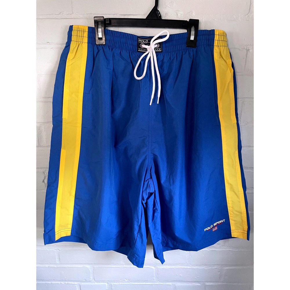 Vintage 90's Polo Sport Ralph Lauren Mens Blue Yellow Athletic Swim Shorts L